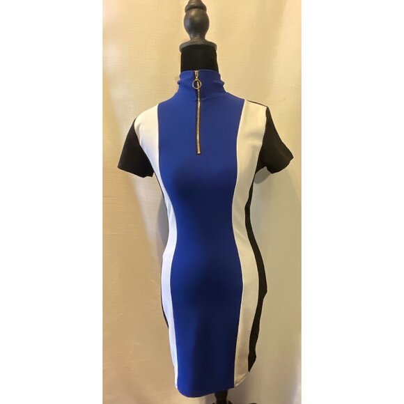 Vintage Bodycon Dress With Zipper Detail & Short Sleeves Blue/white/Black - Picture 5 of 5